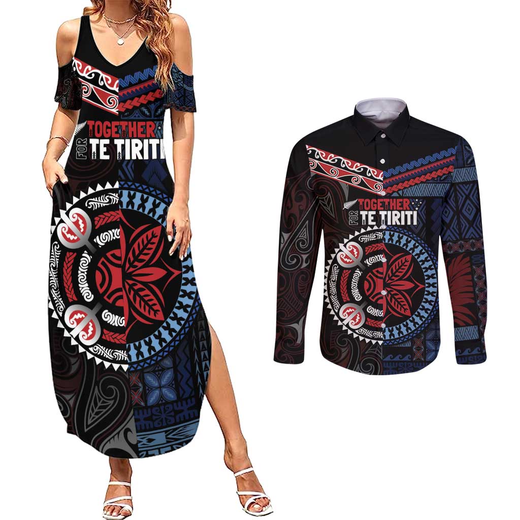 Aotearoa and Samoa Together For Te Tiriti Couples Matching Summer Maxi Dress and Long Sleeve Button Shirt Kowhaiwhai Mix Siapo - Flag Color