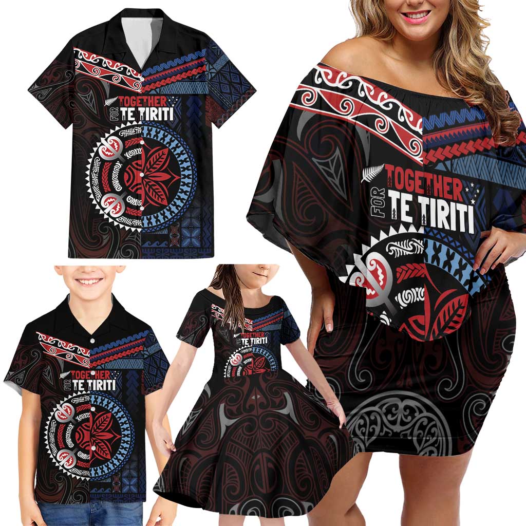 Aotearoa and Samoa Together For Te Tiriti Family Matching Off Shoulder Short Dress and Hawaiian Shirt Kowhaiwhai Mix Siapo - Flag Color