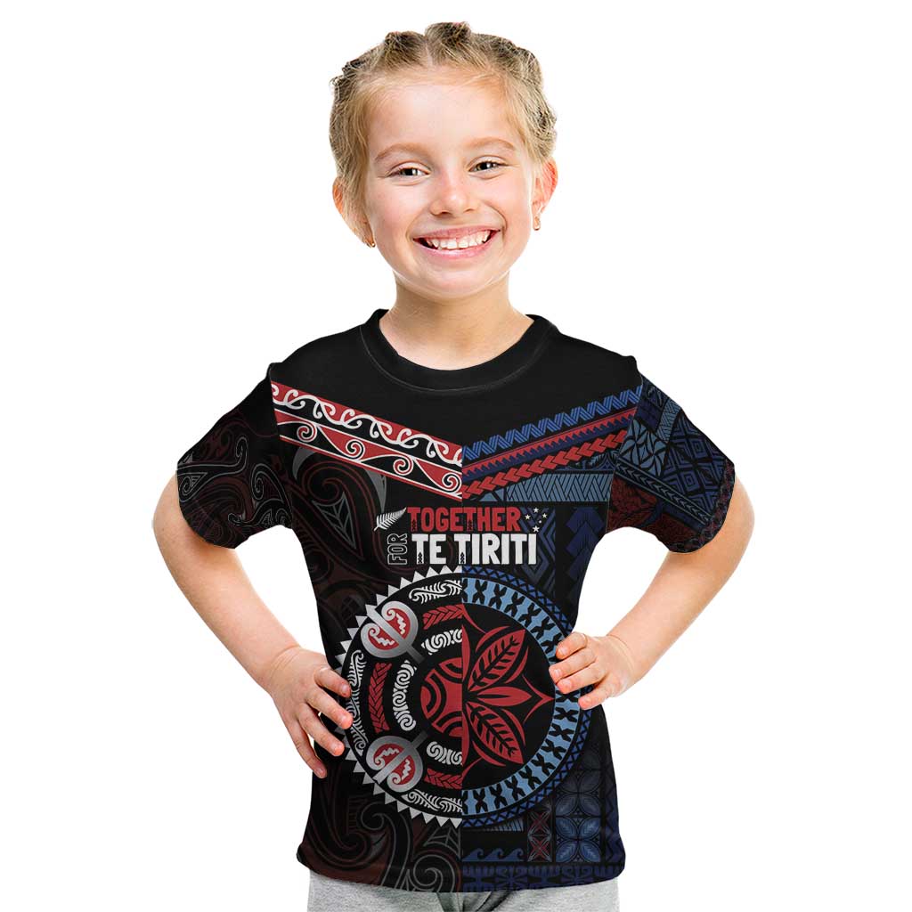 Aotearoa and Samoa Together For Te Tiriti Kid T Shirt Kowhaiwhai Mix Siapo - Flag Color