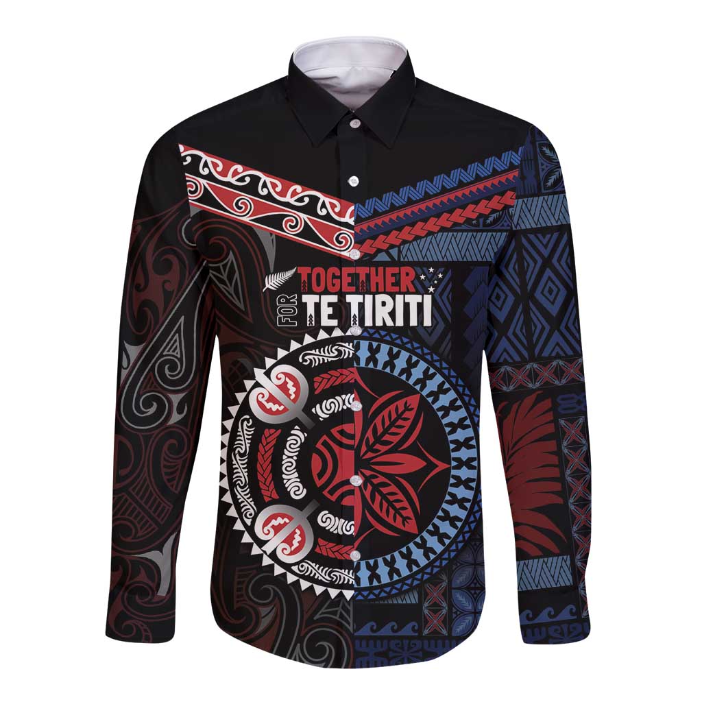 Aotearoa and Samoa Together For Te Tiriti Long Sleeve Button Shirt Kowhaiwhai Mix Siapo - Flag Color