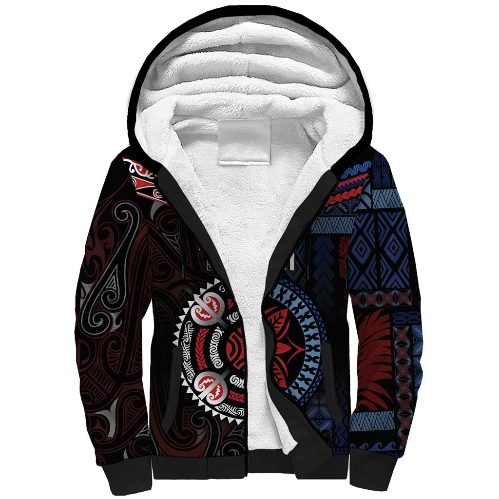 Aotearoa and Samoa Together For Te Tiriti Sherpa Hoodie Kowhaiwhai Mix Siapo - Flag Color