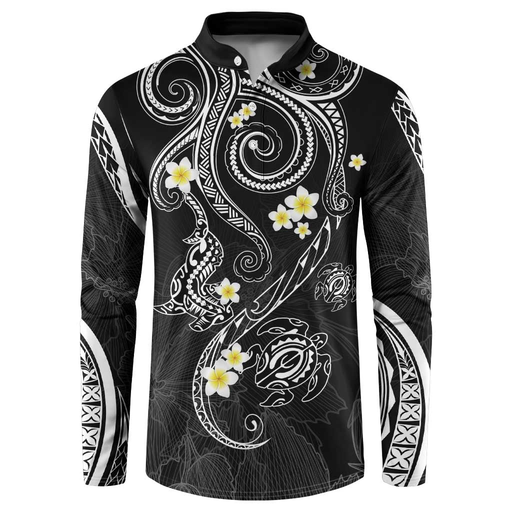 Polynesia Tribal Button Sweatshirt Tentacles Plumeria LT7 Black - Polynesian Pride