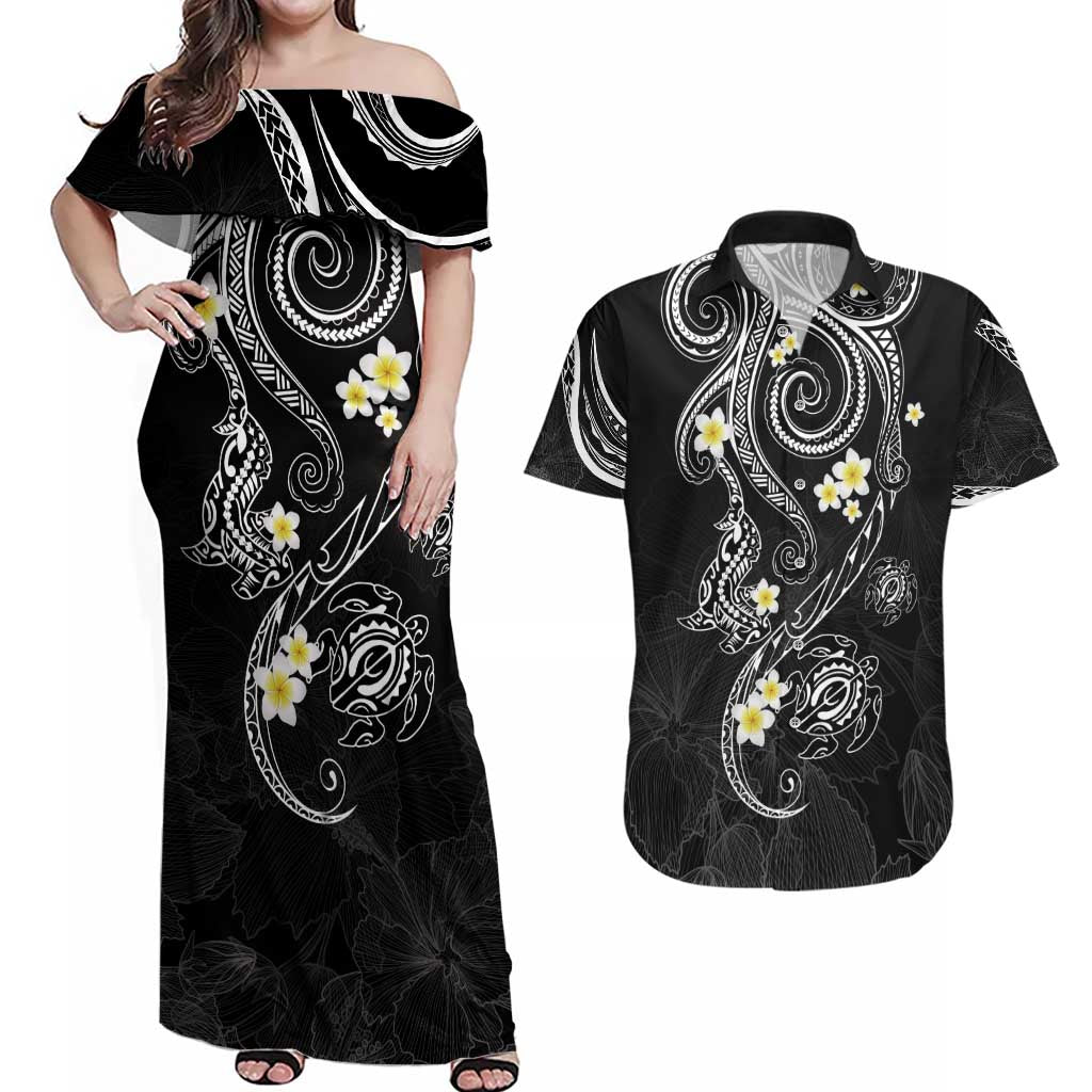 Polynesia Tribal Couples Matching Off Shoulder Maxi Dress and Hawaiian Shirt Tentacles Plumeria LT7 Black - Polynesian Pride
