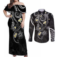 Polynesia Tribal Couples Matching Off Shoulder Maxi Dress and Long Sleeve Button Shirt Tentacles Plumeria LT7 Black - Polynesian Pride