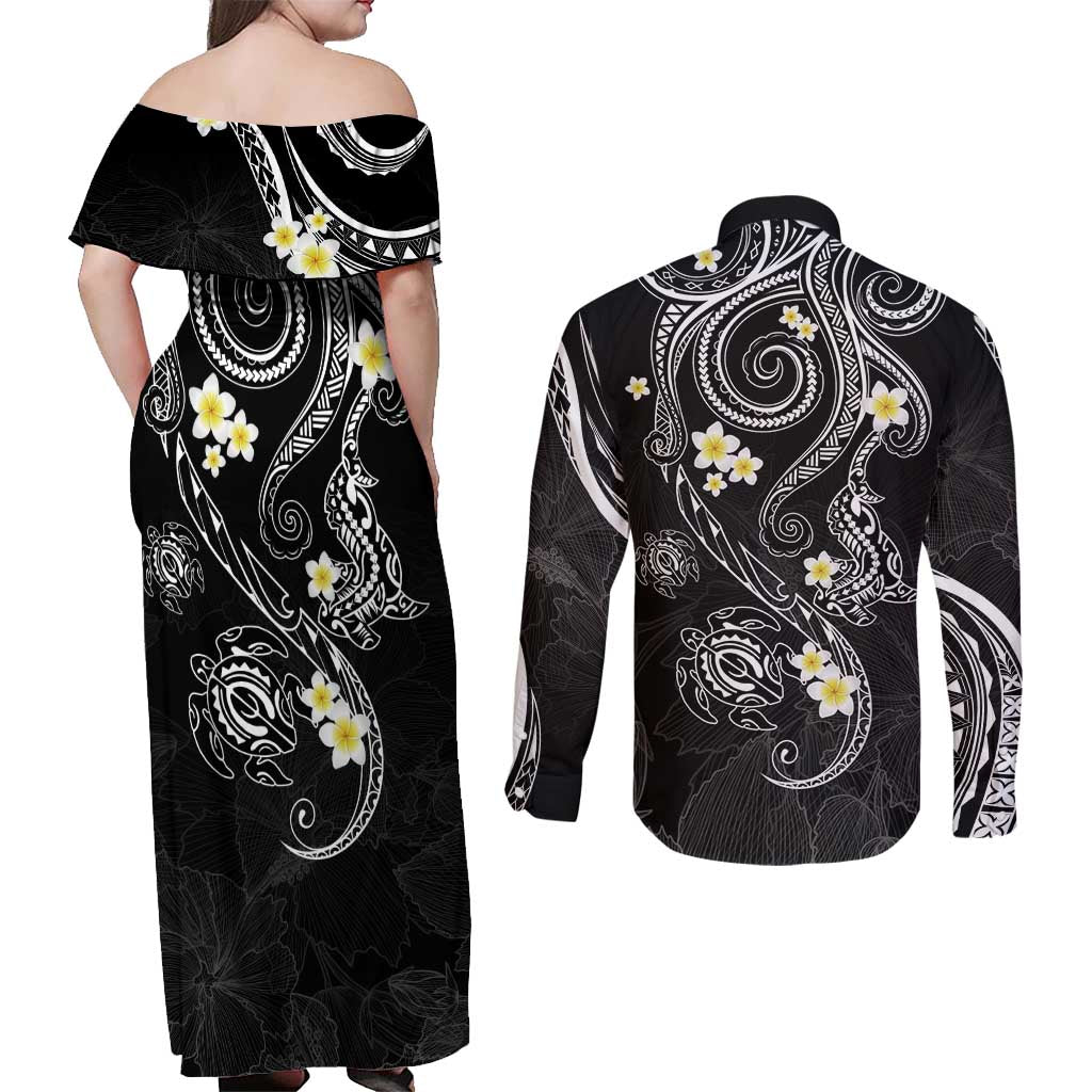 Polynesia Tribal Couples Matching Off Shoulder Maxi Dress and Long Sleeve Button Shirt Tentacles Plumeria LT7 - Polynesian Pride