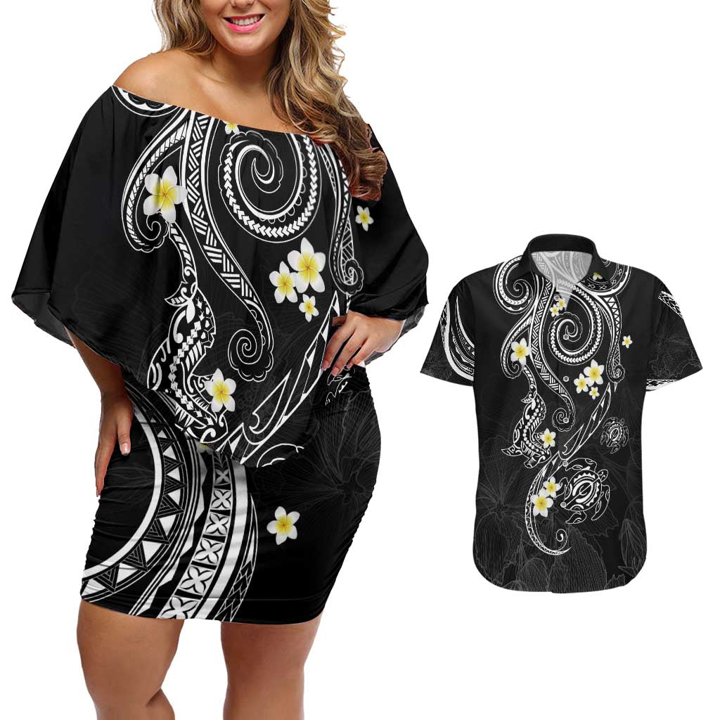 Polynesia Tribal Couples Matching Off Shoulder Short Dress and Hawaiian Shirt Tentacles Plumeria LT7 Black - Polynesian Pride