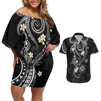 Polynesia Tribal Couples Matching Off Shoulder Short Dress and Hawaiian Shirt Tentacles Plumeria LT7 Black - Polynesian Pride