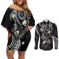 Polynesia Tribal Couples Matching Off Shoulder Short Dress and Long Sleeve Button Shirt Tentacles Plumeria LT7 Black - Polynesian Pride