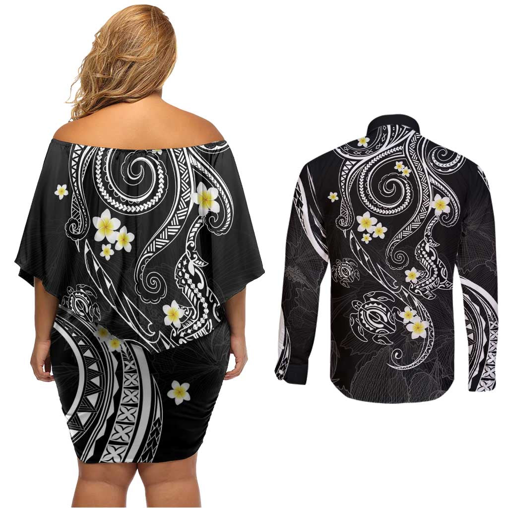 Polynesia Tribal Couples Matching Off Shoulder Short Dress and Long Sleeve Button Shirt Tentacles Plumeria LT7 - Polynesian Pride
