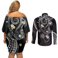 Polynesia Tribal Couples Matching Off Shoulder Short Dress and Long Sleeve Button Shirt Tentacles Plumeria LT7 - Polynesian Pride