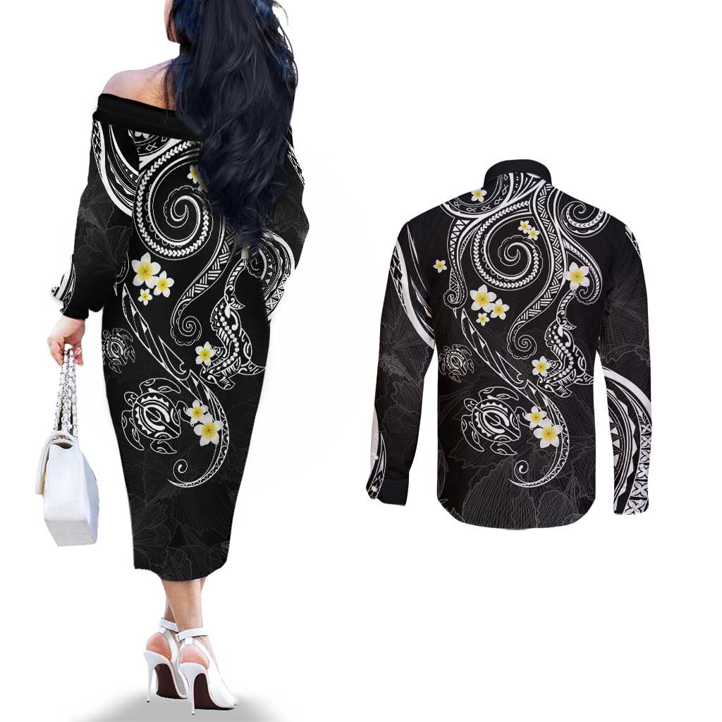 Polynesia Tribal Couples Matching Off The Shoulder Long Sleeve Dress and Long Sleeve Button Shirt Tentacles Plumeria LT7 - Polynesian Pride