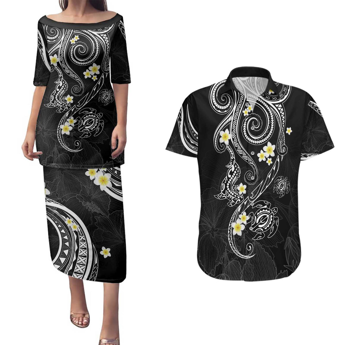 Polynesia Tribal Couples Matching Puletasi and Hawaiian Shirt Tentacles Plumeria LT7 Black - Polynesian Pride