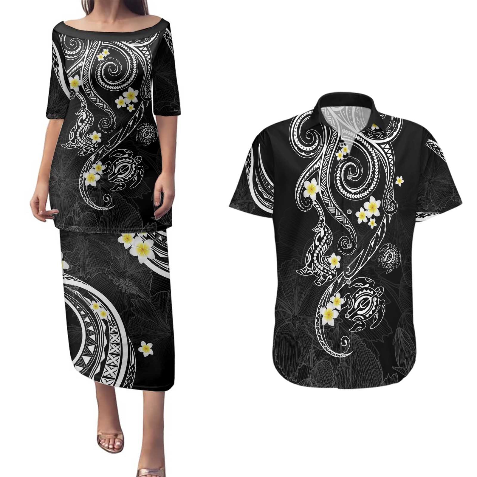 Polynesia Tribal Couples Matching Puletasi and Hawaiian Shirt Tentacles Plumeria LT7 Black - Polynesian Pride