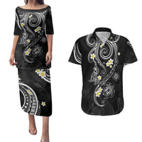 Polynesia Tribal Couples Matching Puletasi and Hawaiian Shirt Tentacles Plumeria LT7 Black - Polynesian Pride