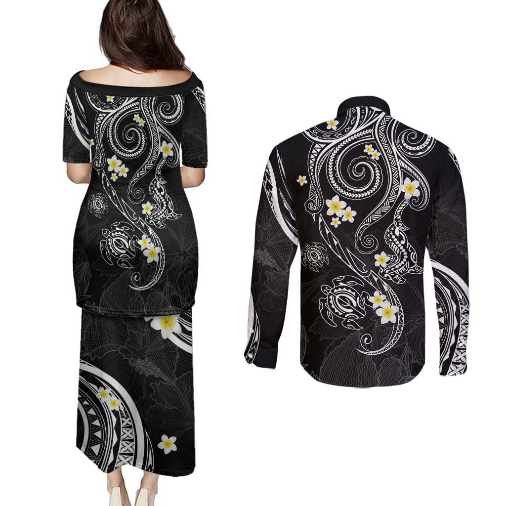 Polynesia Tribal Couples Matching Puletasi and Long Sleeve Button Shirt Tentacles Plumeria LT7 - Polynesian Pride