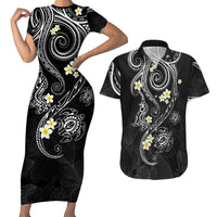 Polynesia Tribal Couples Matching Short Sleeve Bodycon Dress and Hawaiian Shirt Tentacles Plumeria LT7 Black - Polynesian Pride