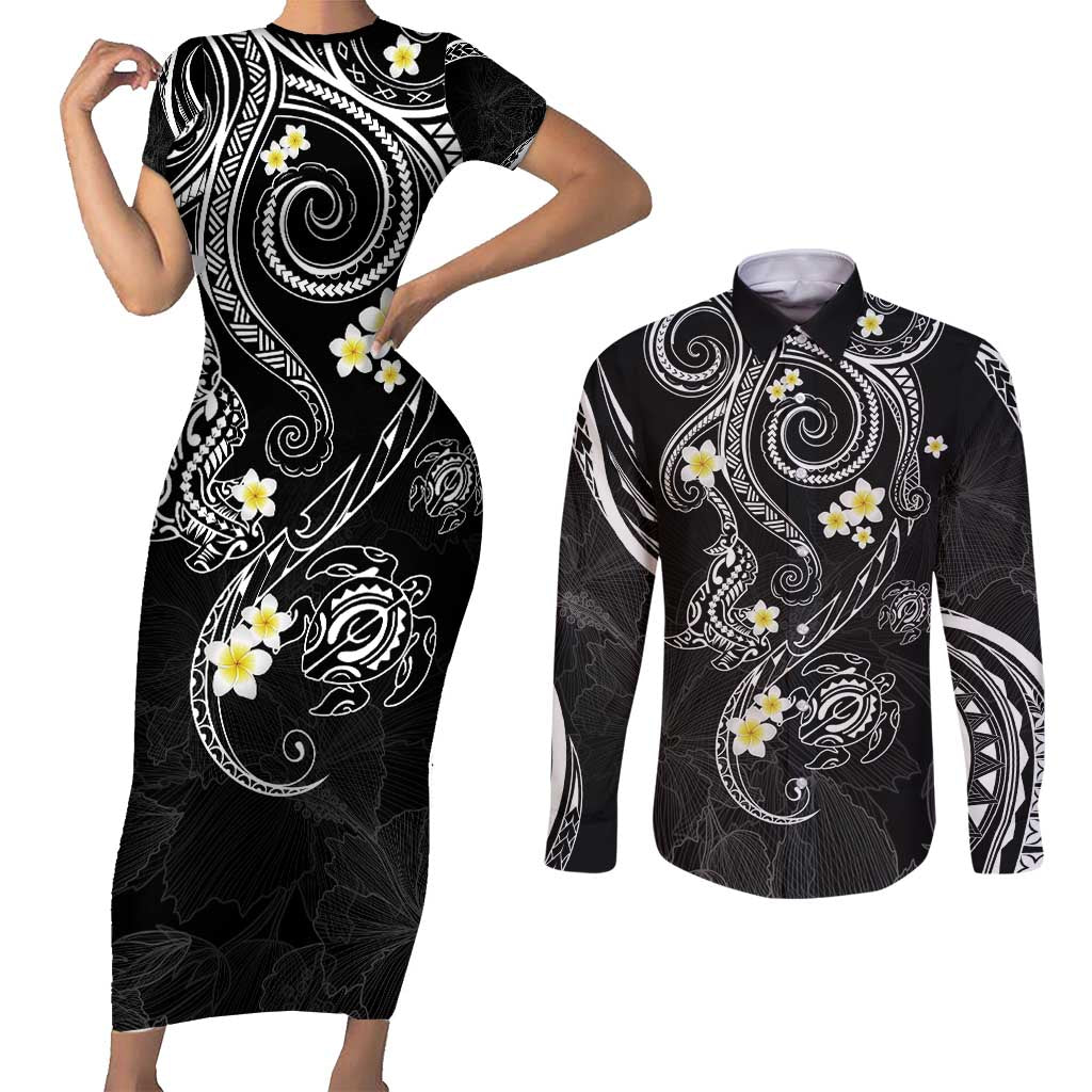 Polynesia Tribal Couples Matching Short Sleeve Bodycon Dress and Long Sleeve Button Shirt Tentacles Plumeria LT7 Black - Polynesian Pride