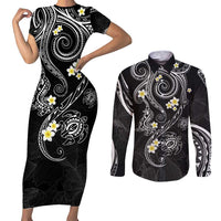 Polynesia Tribal Couples Matching Short Sleeve Bodycon Dress and Long Sleeve Button Shirt Tentacles Plumeria LT7 Black - Polynesian Pride