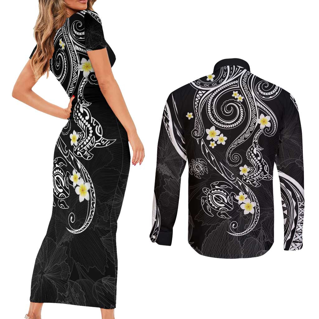Polynesia Tribal Couples Matching Short Sleeve Bodycon Dress and Long Sleeve Button Shirt Tentacles Plumeria LT7 - Polynesian Pride