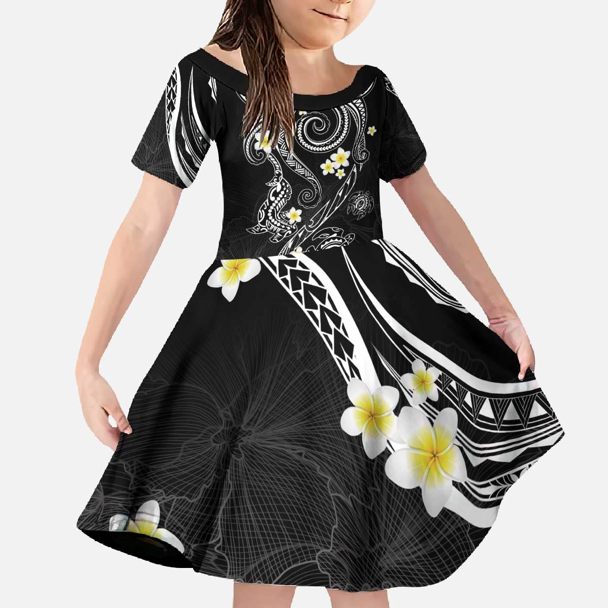 Polynesia Tribal Family Matching Off The Shoulder Long Sleeve Dress and Hawaiian Shirt Tentacles Plumeria