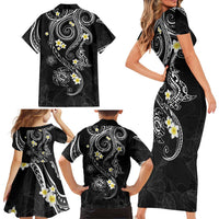 Polynesia Tribal Family Matching Short Sleeve Bodycon Dress and Hawaiian Shirt Tentacles Plumeria