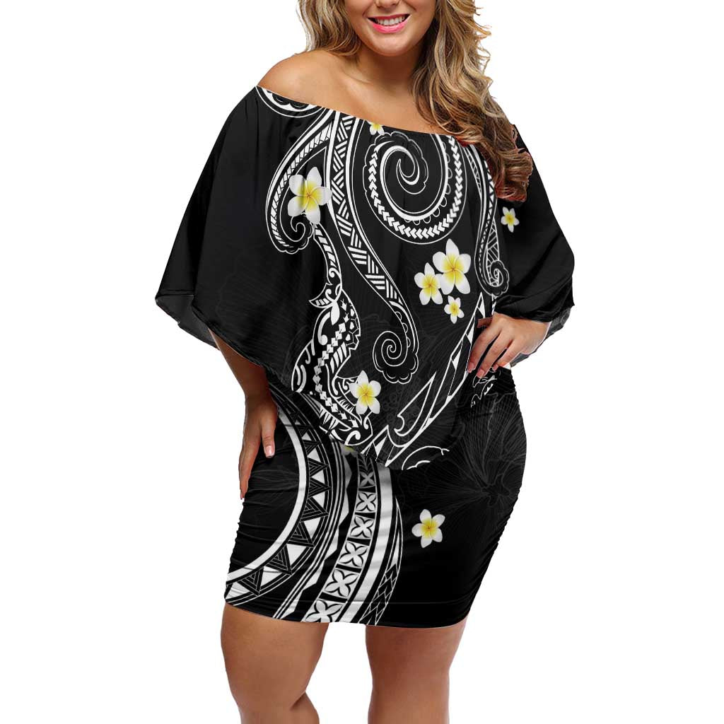 Polynesia Tribal Off Shoulder Short Dress Tentacles Plumeria LT7 Women Black - Polynesian Pride