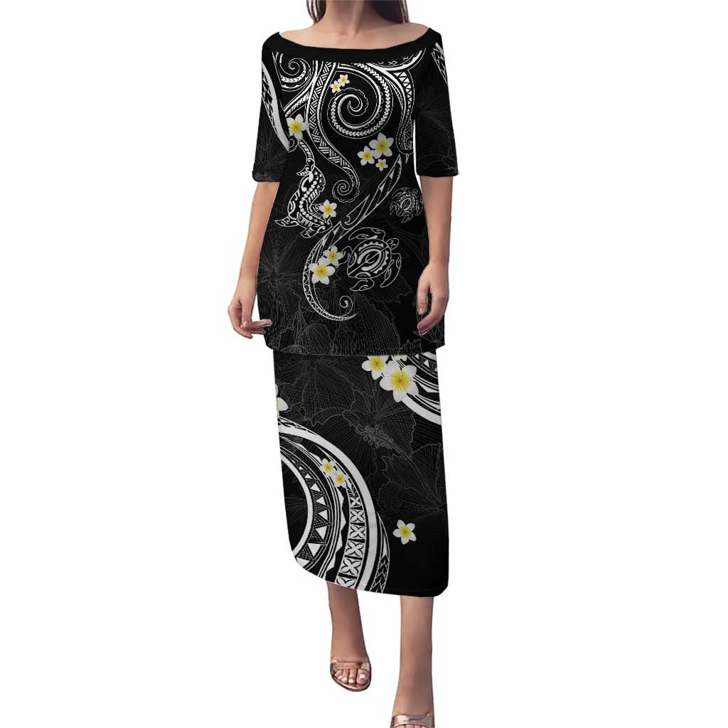 Polynesia Tribal Puletasi Tentacles Plumeria LT7 Long Dress Black - Polynesian Pride
