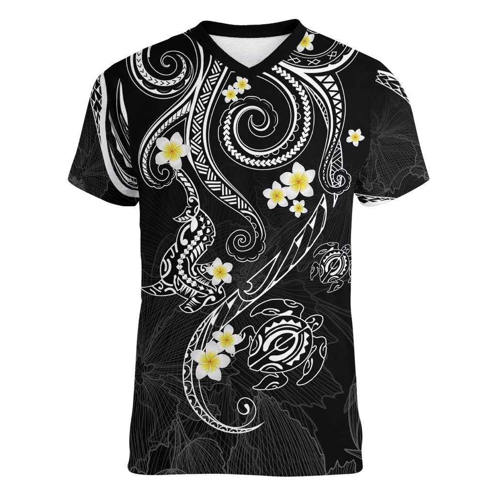 Polynesia Tribal Women V-Neck T-Shirt Tentacles Plumeria LT7 Female Black - Polynesian Pride