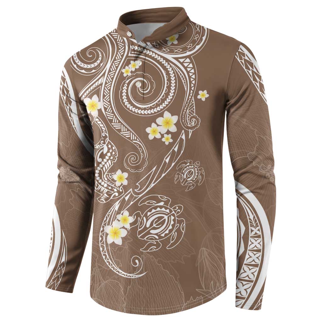 Polynesia Tribal Button Sweatshirt Mocha Plumeria Tentacles LT7 - Polynesian Pride