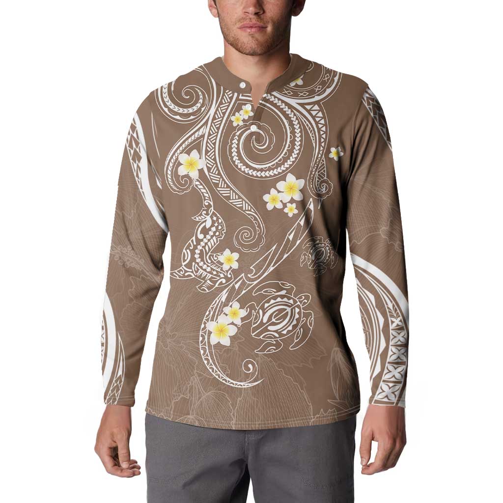 Polynesia Tribal Button Sweatshirt Mocha Plumeria Tentacles LT7 - Polynesian Pride