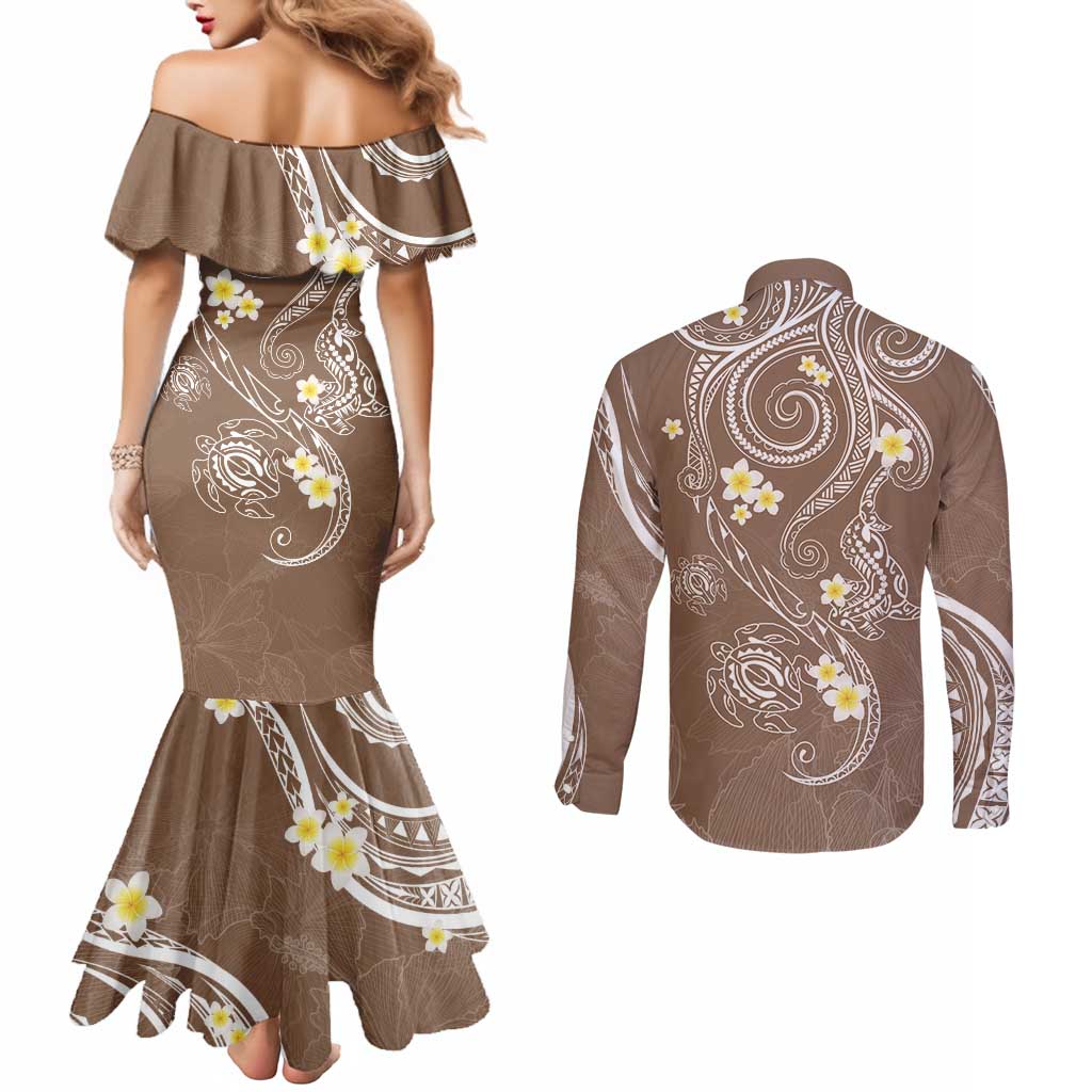 Polynesia Tribal Couples Matching Mermaid Dress and Long Sleeve Button Shirt Mocha Plumeria Tentacles LT7 - Polynesian Pride