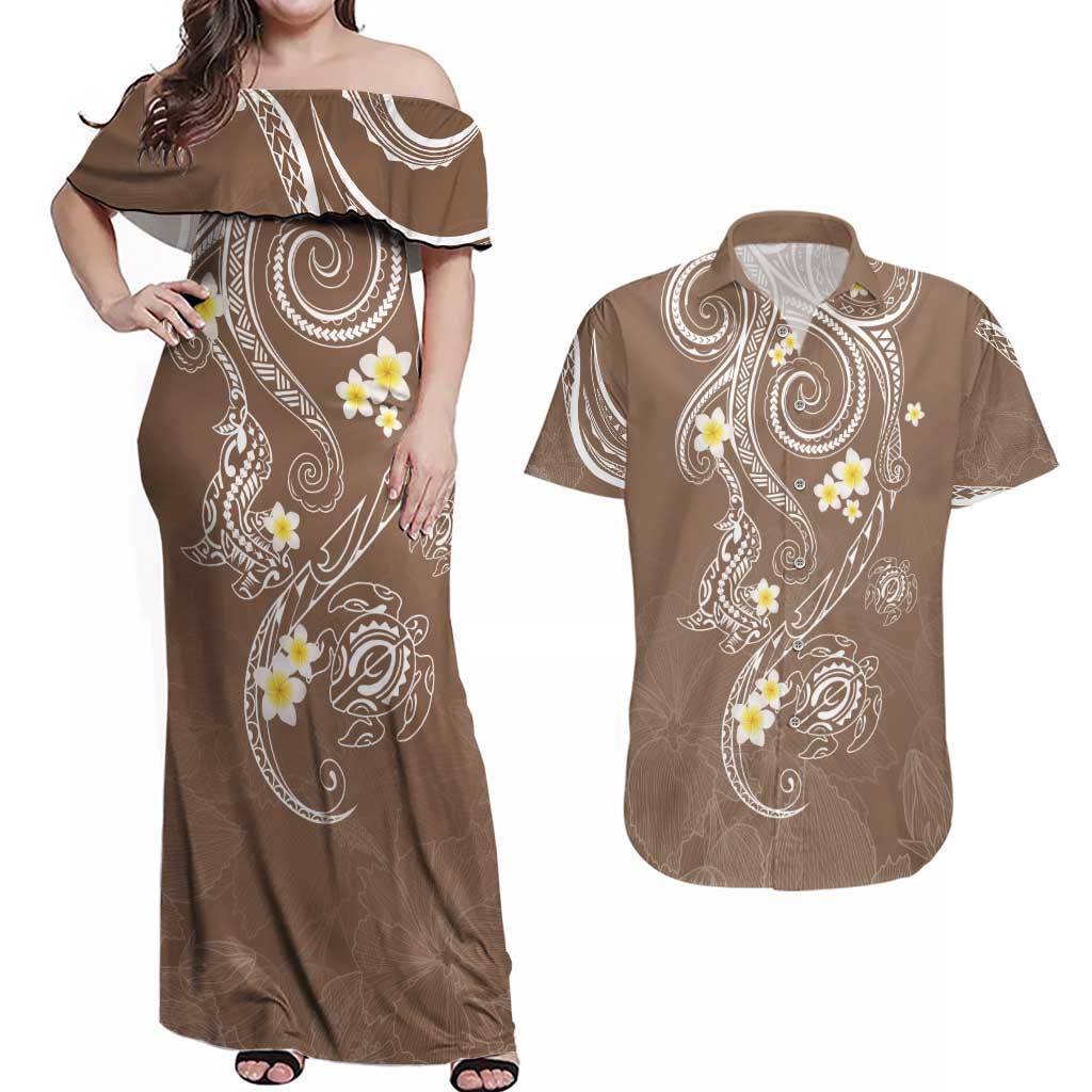 Polynesia Tribal Couples Matching Off Shoulder Maxi Dress and Hawaiian Shirt Mocha Plumeria Tentacles LT7 Mocha - Polynesian Pride