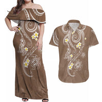 Polynesia Tribal Couples Matching Off Shoulder Maxi Dress and Hawaiian Shirt Mocha Plumeria Tentacles LT7 Mocha - Polynesian Pride