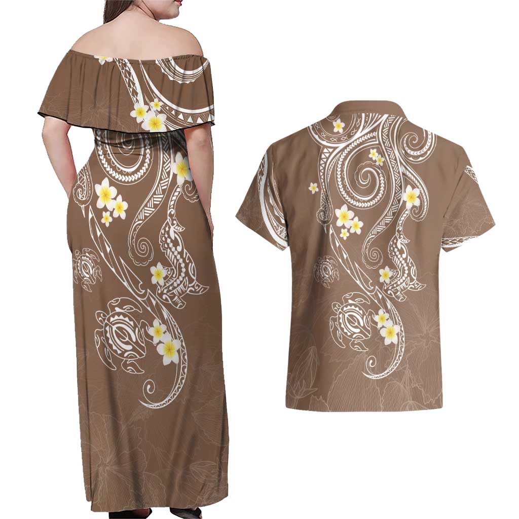 Polynesia Tribal Couples Matching Off Shoulder Maxi Dress and Hawaiian Shirt Mocha Plumeria Tentacles LT7 - Polynesian Pride