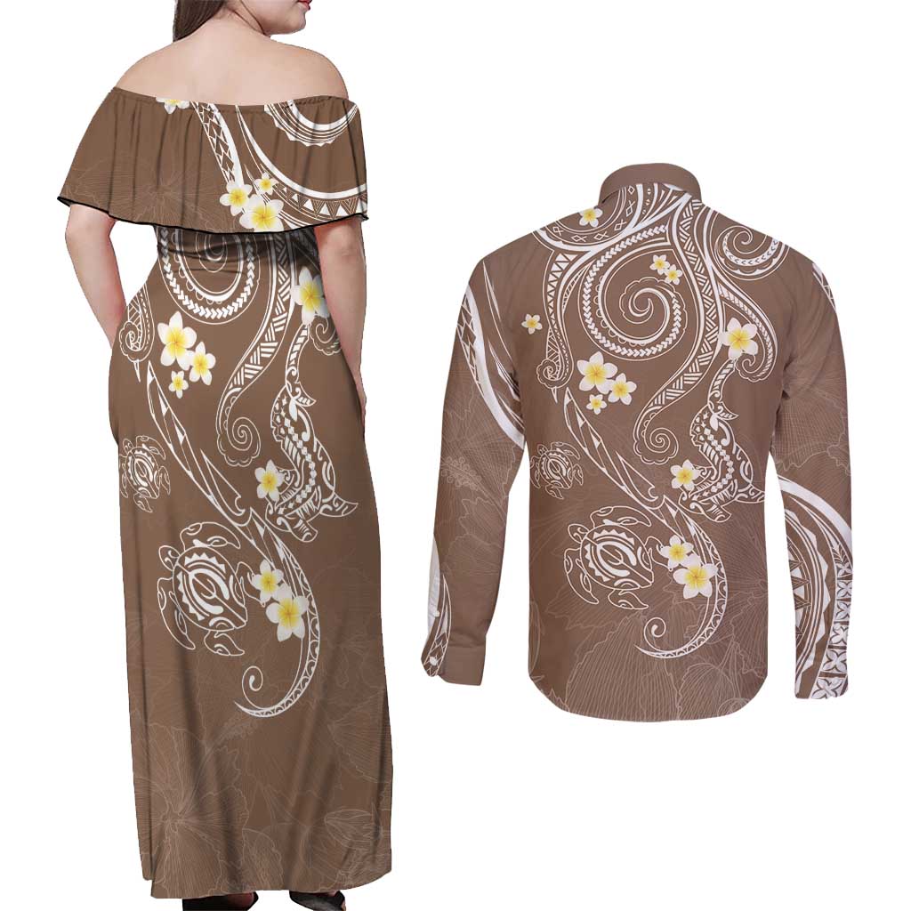 Polynesia Tribal Couples Matching Off Shoulder Maxi Dress and Long Sleeve Button Shirt Mocha Plumeria Tentacles LT7 - Polynesian Pride