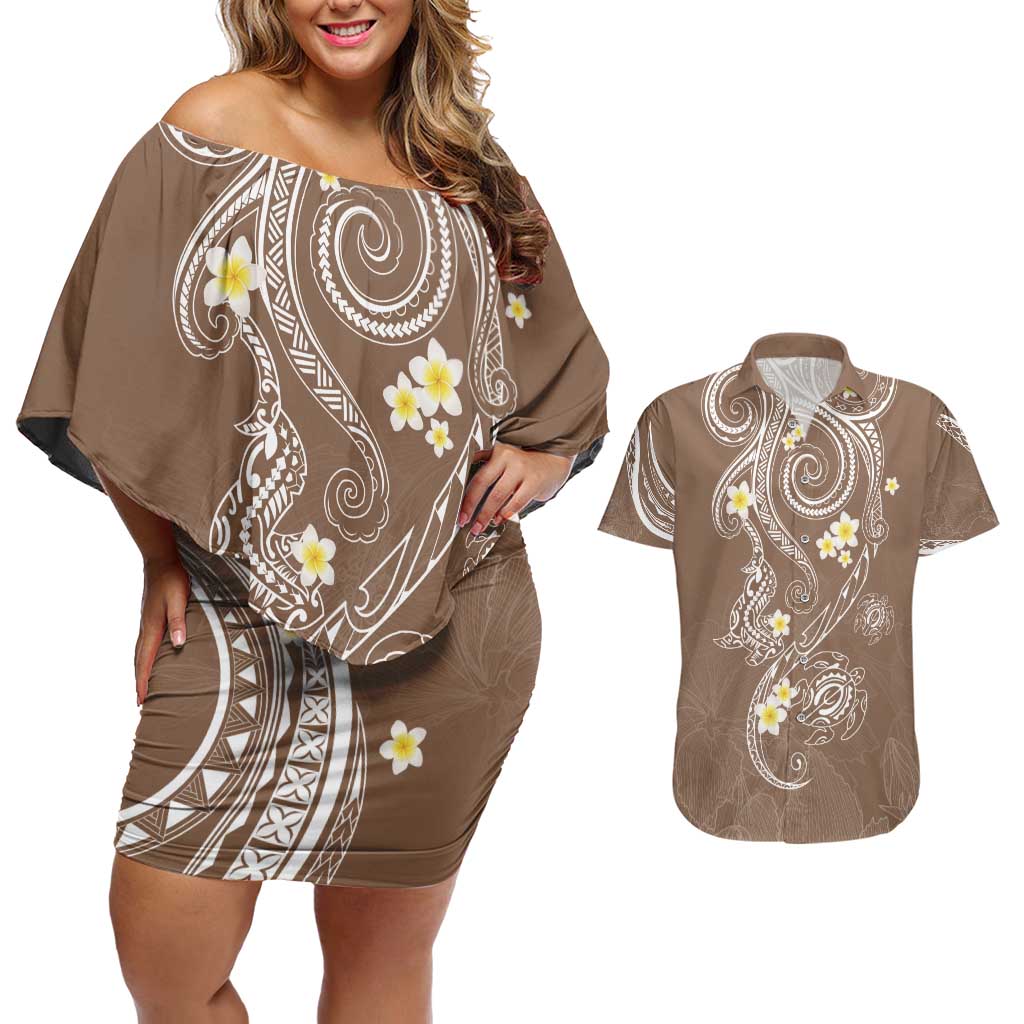 Polynesia Tribal Couples Matching Off Shoulder Short Dress and Hawaiian Shirt Mocha Plumeria Tentacles LT7 Mocha - Polynesian Pride