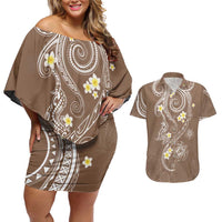 Polynesia Tribal Couples Matching Off Shoulder Short Dress and Hawaiian Shirt Mocha Plumeria Tentacles LT7 Mocha - Polynesian Pride