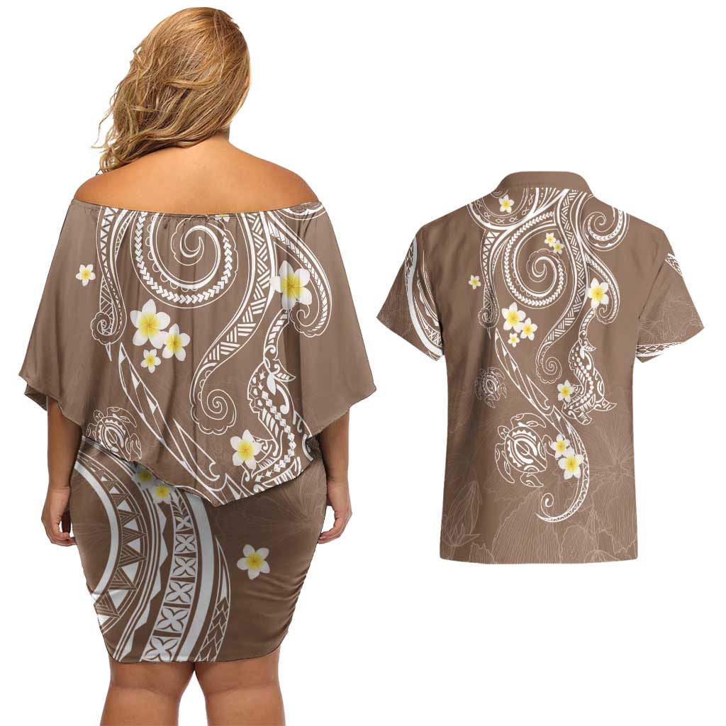 Polynesia Tribal Couples Matching Off Shoulder Short Dress and Hawaiian Shirt Mocha Plumeria Tentacles LT7 - Polynesian Pride