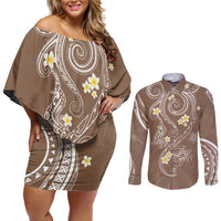 Polynesia Tribal Couples Matching Off Shoulder Short Dress and Long Sleeve Button Shirt Mocha Plumeria Tentacles LT7 Mocha - Polynesian Pride