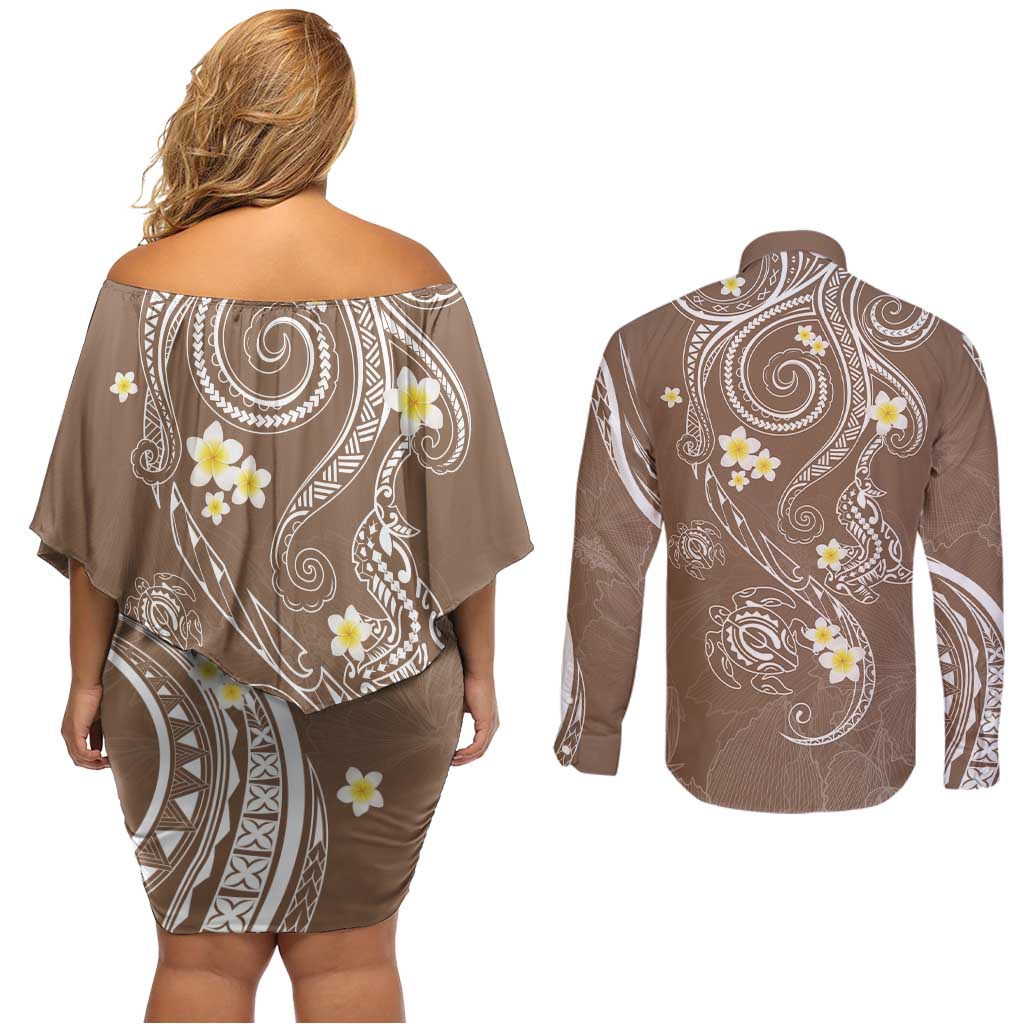 Polynesia Tribal Couples Matching Off Shoulder Short Dress and Long Sleeve Button Shirt Mocha Plumeria Tentacles LT7 - Polynesian Pride
