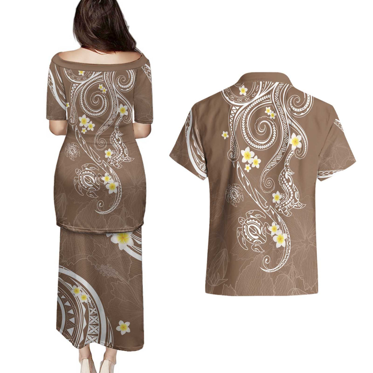 Polynesia Tribal Couples Matching Puletasi and Hawaiian Shirt Mocha Plumeria Tentacles LT7 - Polynesian Pride
