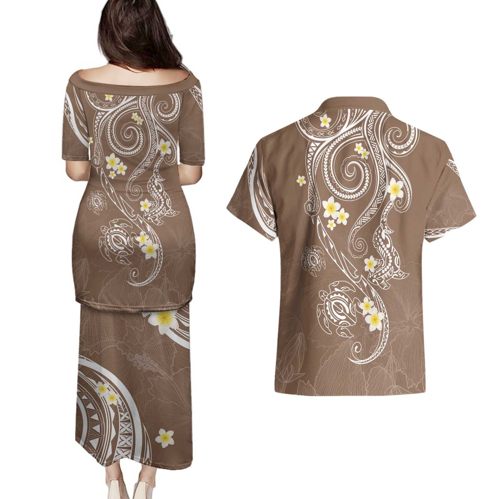 Polynesia Tribal Couples Matching Puletasi and Hawaiian Shirt Mocha Plumeria Tentacles LT7 - Polynesian Pride