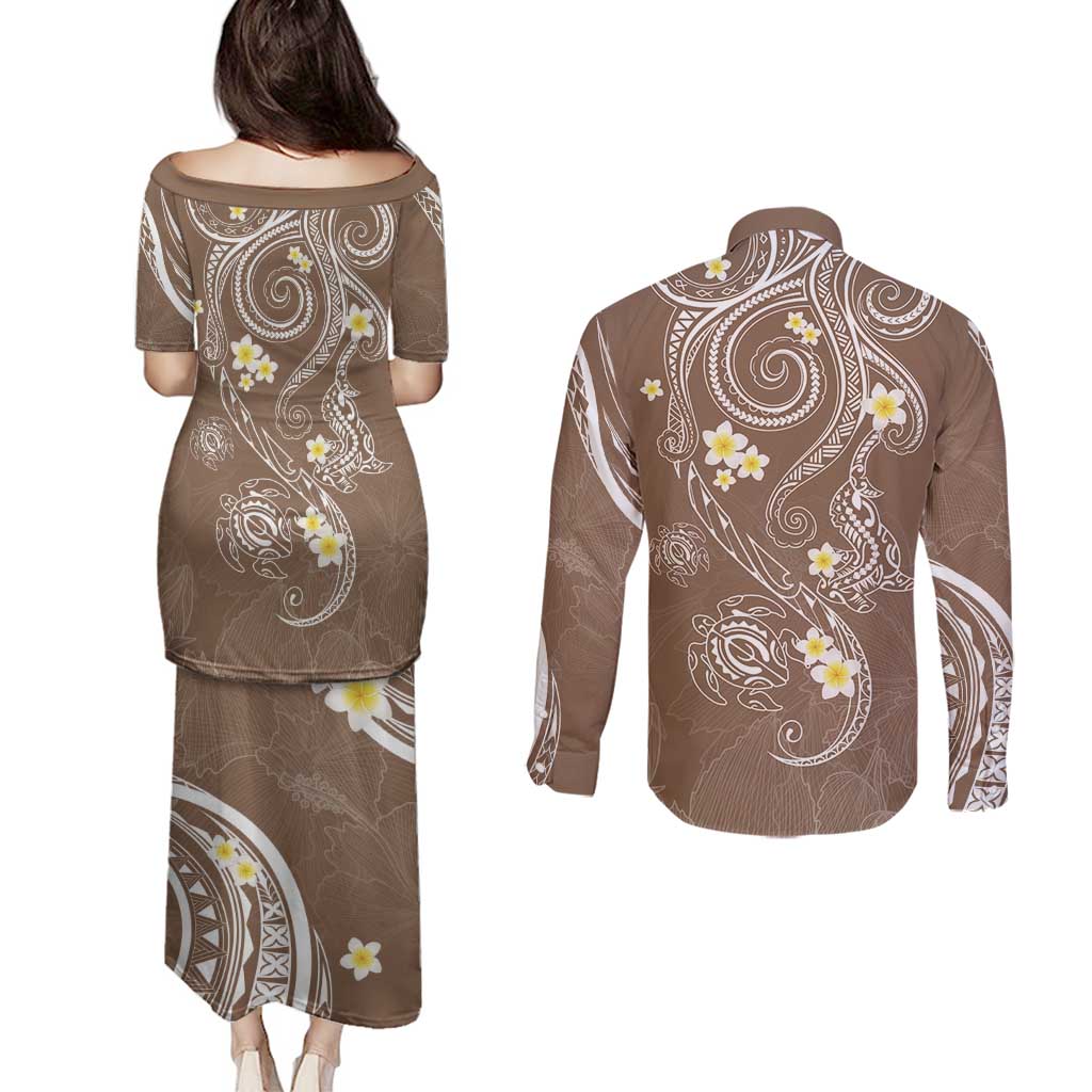 Polynesia Tribal Couples Matching Puletasi and Long Sleeve Button Shirt Mocha Plumeria Tentacles LT7 - Polynesian Pride