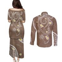 Polynesia Tribal Couples Matching Puletasi and Long Sleeve Button Shirt Mocha Plumeria Tentacles LT7 - Polynesian Pride