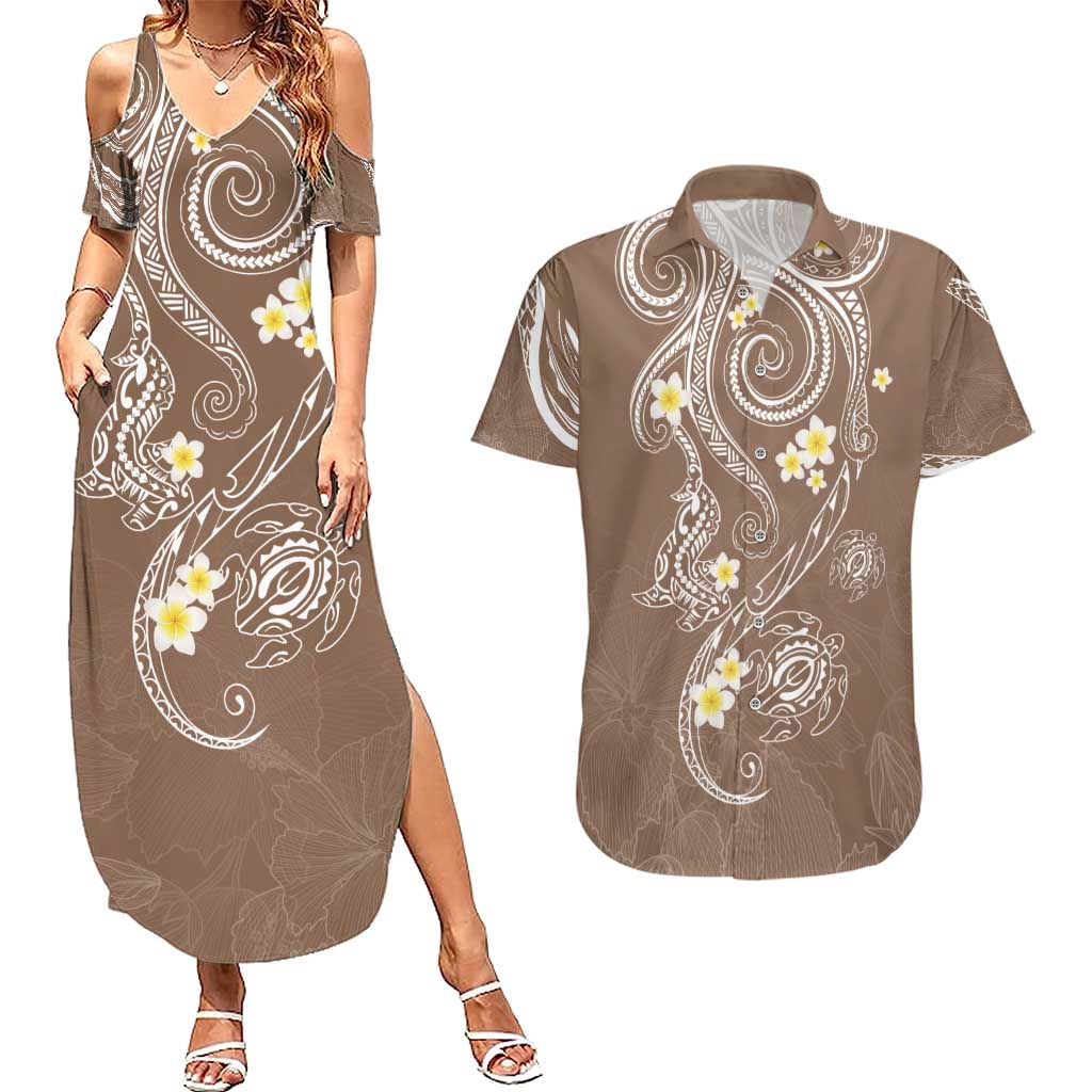 Polynesia Tribal Couples Matching Summer Maxi Dress and Hawaiian Shirt Mocha Plumeria Tentacles LT7 Mocha - Polynesian Pride