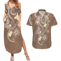 Polynesia Tribal Couples Matching Summer Maxi Dress and Hawaiian Shirt Mocha Plumeria Tentacles LT7 Mocha - Polynesian Pride