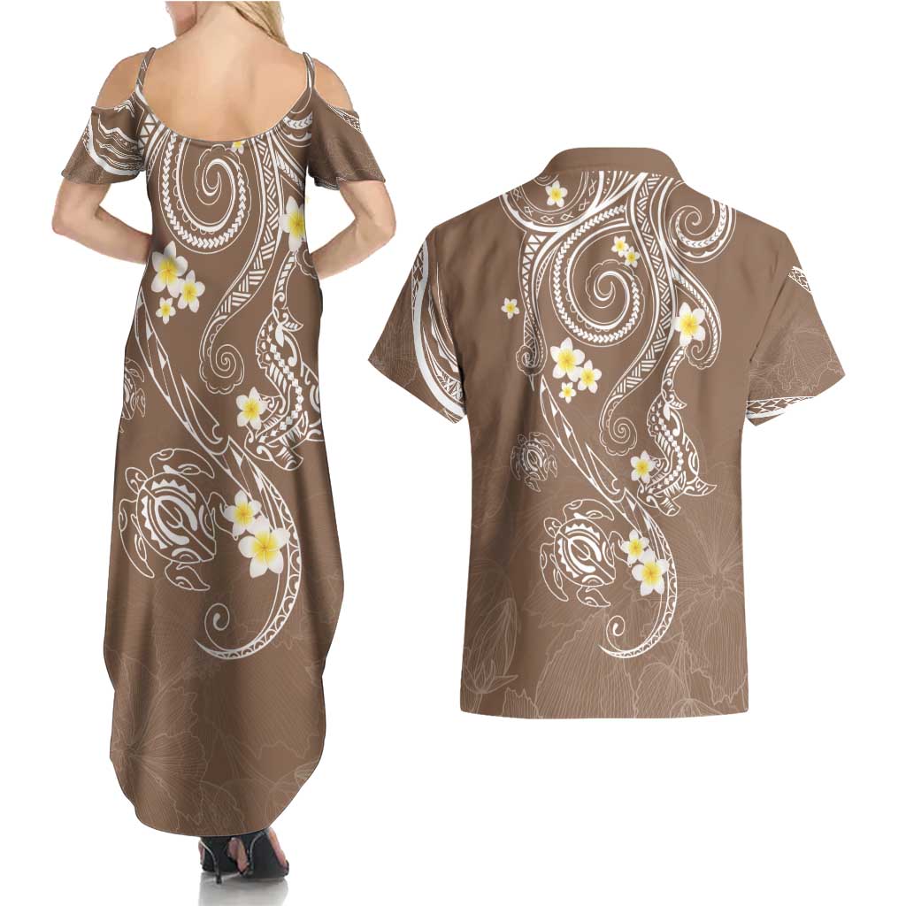 Polynesia Tribal Couples Matching Summer Maxi Dress and Hawaiian Shirt Mocha Plumeria Tentacles LT7 - Polynesian Pride