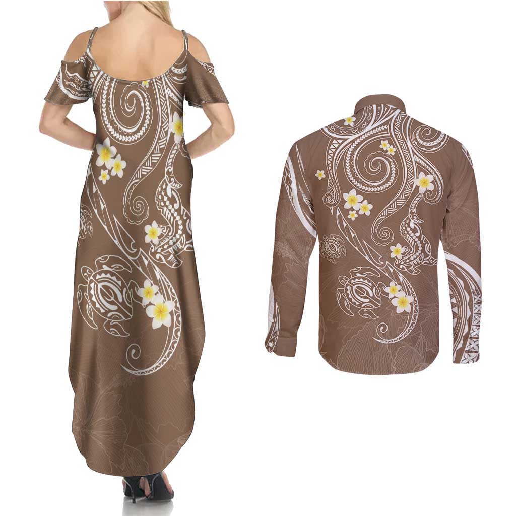 Polynesia Tribal Couples Matching Summer Maxi Dress and Long Sleeve Button Shirt Mocha Plumeria Tentacles LT7 - Polynesian Pride