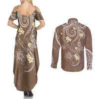 Polynesia Tribal Couples Matching Summer Maxi Dress and Long Sleeve Button Shirt Mocha Plumeria Tentacles LT7 - Polynesian Pride