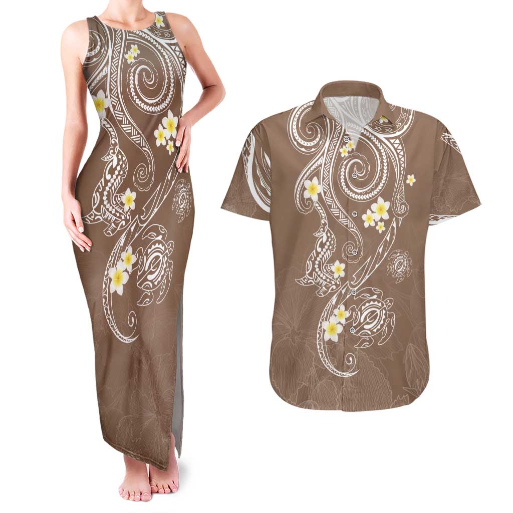 Polynesia Tribal Couples Matching Tank Maxi Dress and Hawaiian Shirt Mocha Plumeria Tentacles LT7 Mocha - Polynesian Pride